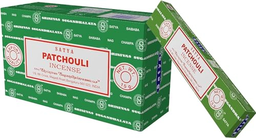 Satya Nag Champa Patchouli Räucherstäbchen, 100 % natürlich, 12 Packungen, handgefertigte Räucherstäbchen, für Stressabbau, spirituelles Dekor, Verwischen und Meditation