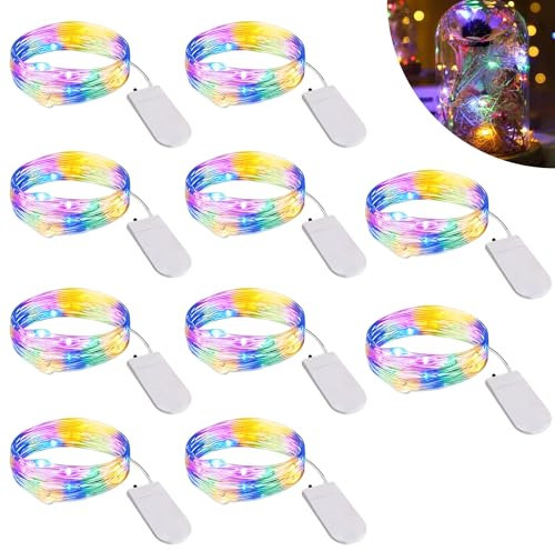Nizirioo 10 Stück LED Lichterkette: 2M Mini Lichterketten Batteriebetrieben, Wasserdichte Kupfer Drahtlichterkette für Party Weihnachten Halloweent Hochzeit Weihnachten Deko (Bunt)