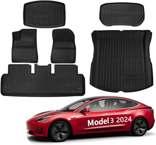 2024 Model 3 Highland Fußmatten, Komplettes Set Fußmatten vorne hinten Kofferraummatte für 2024 Model 3 Highland, Premium-Allwetter rutschfeste wasserdichte Bodeneinlagen 6 Stück