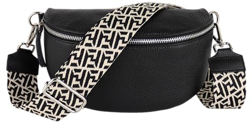 MIRROSI® Bauchtasche Damen, Echtleder, Made in Italy, Umhängetasche, Brusttasche, Crossbody Bag (1 Tasche & 2 Gurte) (Schwarz (Netz), Mittelgroße Tasche (25x16x7cm))