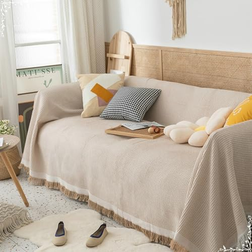 AMDXD Couchbezug, Einfarbig Waffle Muster mit Quaste Sofahusse 1 Sitzer, Wohnzimmer Sessel Hunde Haustiere Sofaschoner in Polyester für Wohnzimmer - 90x150CM, Kaffee
