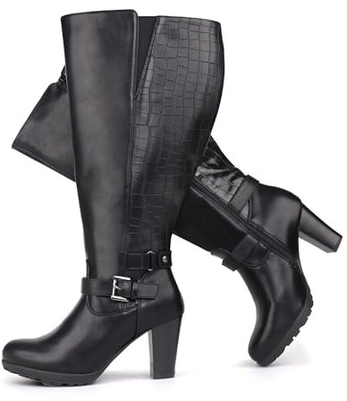 Chicblooms Bottes pour femme grande taille avec tige extra large et talon haut avec boucle à la cheville, Noir PU, 39 EU