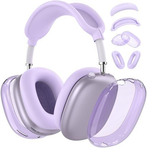 【4 en 1】Kit de protección para AirPods Max, funda transparente de TPU + funda de silicona + fundas para la diadema, accesorios de silicona transparente para Apple AirPods Max USB-C (2024/2020), morado