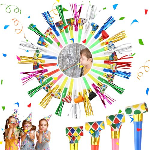 dsDAEDK 40 unidades de juguetes para cumpleaños infantiles, multicolor, soplador de fiestas, silbatos y ruidos, juguetes divertidos para fiestas de cumpleaños y fiestas infantiles