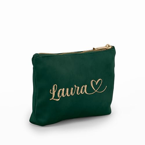 Caribu design Pochette in Velluto Personalizzata con Nome Iniziali Testo - Borsa per Trucchi, Cosmetica, da Viaggio, con Cerniera - Idea Regalo Personalizzata per Lei Donna (Verde smeraldo, Piccola)