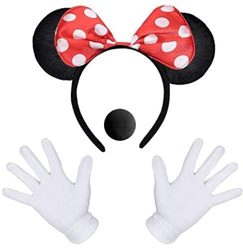 iZoeL Damen Maus Mouse kostüm Haarreif mit Maus Ohren Rote Schleife und Schwarz + weiße Handschuhe + Nase, Damen Mädchen Faschingkostüme Halloween Karneval Mottoparty kostüm