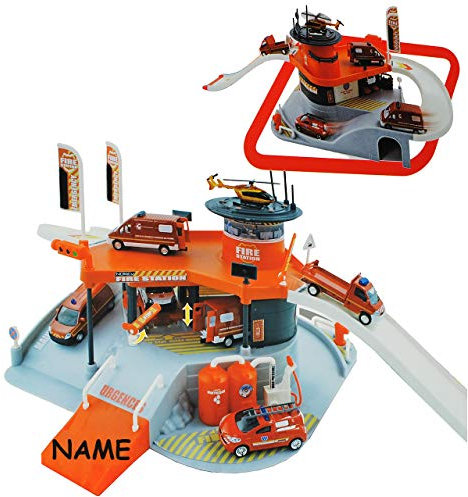 alles-meine.de GmbH Set: 3-D Spielmatte Feuerwehr/Feuerwehrstation incl. Namen - Straße - Maßstab 1/64 - Verkehrszeichen + Zubehör + Hebebühne + Tankstelle + für Auto/Fahrzeu..
