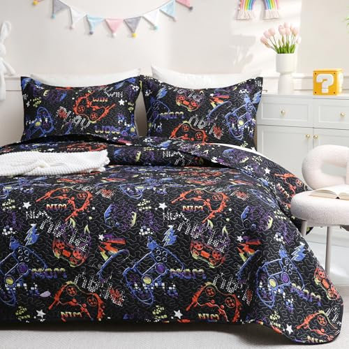 JSD Black Gaming Kids Quilt Set Twin Size, Boys Bedspread Bed Cover All Season, 1 Quilt 1 Pillow Sham