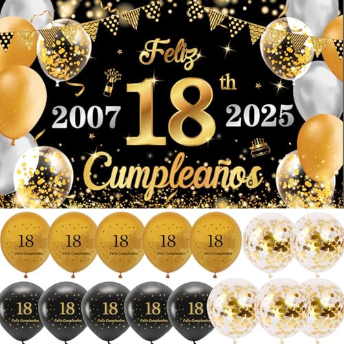 (1+15) Decoración para Cumpleaños 18 Escrita en Español 1 Pancarta Feliz Cumpleños 18 Decoración 18 Años Negro Oro Happy Bithday Fondo Cartel con15 Globos para Cumpleaños Adornos Kit para Cumpleaños