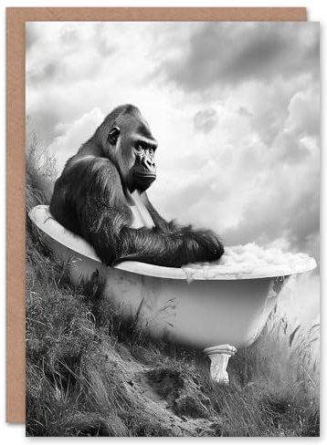Artery8 Greeting Card Gorilla Bubble Bath Bathtub Black White Surreal Blank For Him Or Her Art Birthday Card
