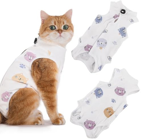 XYTAHDM Combinaison de convalescence chirurgicale pour chat, combinaison respirante pour chaton – Cône anti-léchage – Protection des plaies abdominales(Chat multicolore pour 4-7kg)