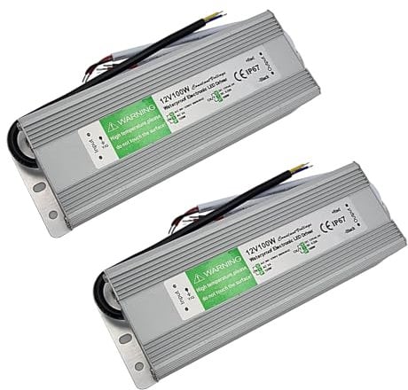 LEDSone DC12V LED Transformer Waterproof IP67 100 W Power Supply Driver Adapter in Aluminum Alloy Housing for LED Bulb Strip lighting Outdoor DC lightings (2 Pack)