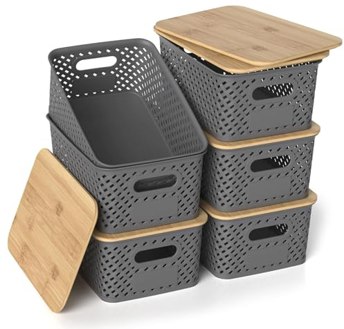 HapiLeap Plastic Storage Baskets With Bamboo Lid, Stackable Plastic Storage Boxes for Organizing Pantry Shelves Drawers Desktop Closet Playroom Classroom Office, 6 Pack (Grey)