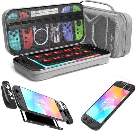 QUAGGY Tasche Kompatibel mit Nintendo Switch 2 Modell (2025) – 3-in-1 Zubehörset mit 2 schutzglas, Platz für 10 Softwarekarten, Konsole & Zubehör