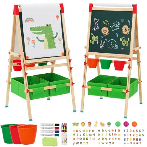 Kindertafel aus Holz mit Papierroll,Magnetische Kinder Kreidetafel & Whiteboard,Höhenverstellbar Staffelei kinder,mit Großer Aufbewahrungstasche Kreide, Pinseln, Zahlen-Buchstaben(Grün)