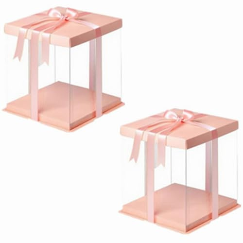 Yikryy 2 Pcs Clear PET Cake Boxes (30x30x35cm) with Lid & Ribbon, Cake Carrier Box for 10 Tall Cakes, Cake Gift Packaging for Display, Birthday, Wedding, Christmas (Pink)