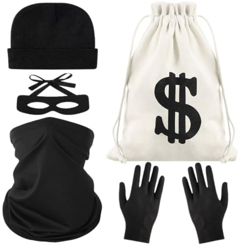 Bankräuber Kostüm Set, Einbrecher verkleiden, Dieb Verbrecher Kostüm Con Augenmaske, Geldsack, Kappe, Handschuhe, Halstuch für Carnival, Cosplay Einbruch Mottoparty