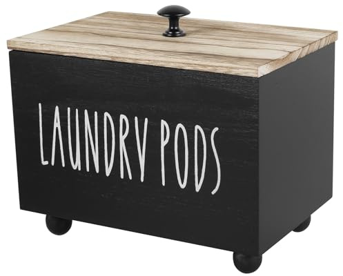 Laundry Pods Container with Lid, Square Storage Box for Laundry Pods,Solid Wood Laundry Storage Containers Dishwasher Pod Holder for Kitchen Bathroom (black)