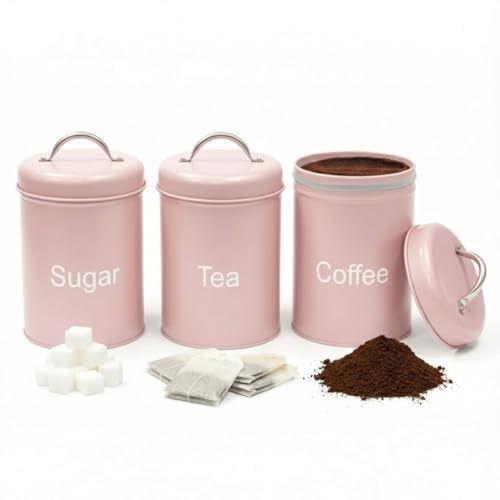 ADEPTNA 3-Piece Tea Coffee Sugar Canister Set – Airtight Metal Kitchen Storage Jars with Lids – Durable Round Food Containers – Easy Clean, Minimal Modern Design for Home, Office & Camping (PINK)