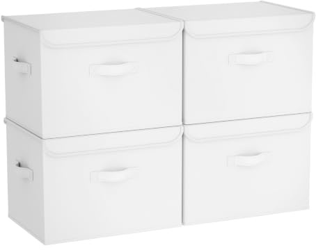 Homsorout Foldable Storage Boxes with Lids - Wardrobe Organiser Bin with Handle Large Fabric Basket Containers for Clothes, Book, Shelf, Office, 42x30x30 cm, White 4 Pack