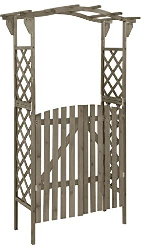 Massbinet Gartenbogen Holz Rankhilfe für Hochzeit Garten Partys Rankgitter Spalier Torbogen Rosengitter Pflanzenstütze mit Dach Pergola mit Tor 116x40x204 cm Grau Massivholz Tanne