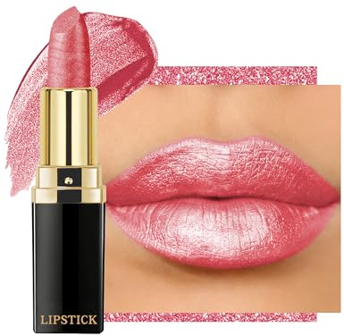 Metallic Glitzer Lippenstift Peach Pink, Seidige Cremige Glitter Lipstick | Hochpigmentierter Lippenstift mit Feuchtigkeitsspendende Formel, Langlebig Glanz, Vegan Lipgloss Lip Makeup für Damen Mädchen