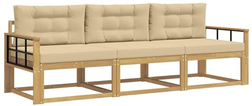 vidaXL Outdoor-Sofagarnitur mit Kissen 3 pcs Weiß und Beige Polyester, Akazienholz Sofa Set für draußen, modernes Loungemöbel, Flexibler Gartenplatz, wetterfeste Einrichtung