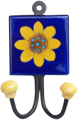 GURU SHOP Doppelwandhaken, Garderobenhaken mit Keramikfliese, Modell 12 | Handgefertigte blue Pottery, indische Keramik, Maße: 8x8 cm, einzigartiges Design, einfache Montage