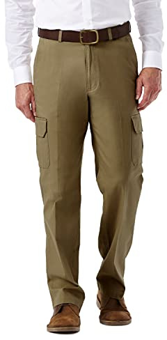 Haggar Men's Stretch Comfort Cargo Expandable Waist Classic Fit Plain Front Pant, Camel, 40x29