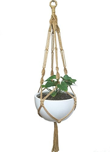 Suspension pour plante en macramé en corde de chanvre naturel 4 brins avec anneau en métal longueur 122 cm pour pot rond ou carré de 25,4 à 30,5 cm