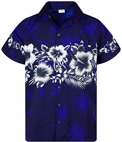 King Kameha Funky Chemise-Hawaienne, Manche-Courte, Flower-Chest, Bleu-Marine, S