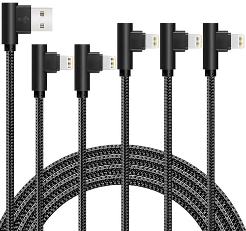 5 Pack(3/6/6/10/10FT) Right Angle Phone Cable Fast Charger Nylon Braided Data Cord 90 Degree Elbow for Game Video Compatible with Compatible with Phone Xs XR X 8 7 6 Plus (Black)