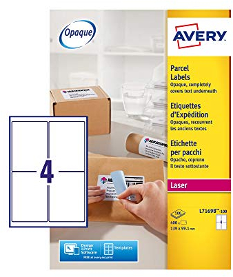 Avery L7169B Selbstklebende Paketetiketten, Laserdrucker, 4 Etiketten pro A4-Blatt, 400 Etiketten, BlockOut