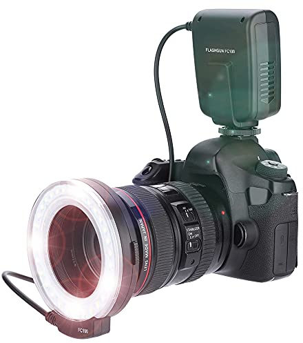 Topiky per FC-100 Portable LED Macro Ring Flash,5500K Regolazione luminosità Speedlite Videocamera Kit Luce di riempimento con 8 adattatori Anello e Controller per per
