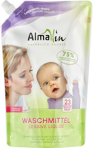 AlmaWin® Universal Bio Waschmittel flüssig 6x1,5L - 150 Ladungen mit Lavendelduft - Flüssigwaschmittel für strahlende Reinheit ab 30°C - Laundry detergent VEGAN im Öko-Pack Nachfüllbeutel