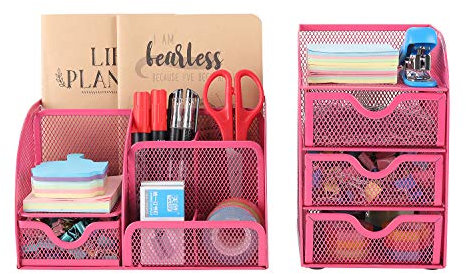 EasyPAG Office Mesh Desk Tidy 2 Piece Organiser Set - Versatile Desktop Stationery Holder and 3 Tier Small Drawer Storage,Pink