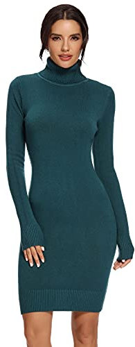 Avacoo Robe élégante en Tricot, à col roulé et Manches Longues, Tunique, Robe midi, Turquoise. L