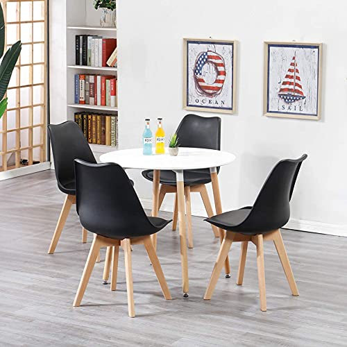 BenyLed Mesa de Comedor Redonda y 4 Sillas de Cocina Moderna y Sillas de Acolchadas, Juego de Muebles para el Hogar, Oficina, Cocina, Blanco + Negro