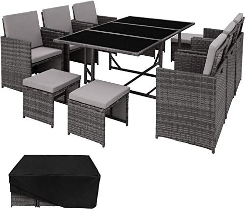 tectake® Outdoor Balkon Gartenmöbel Set, Lounge mit 6 Stühlen, 4 Hocker und 1 Tisch, Poly Rattan Geflecht, wetterfest, platzsparend - grau