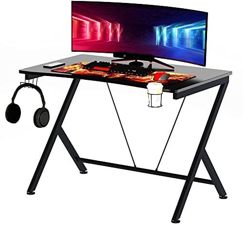 HOMCOM Gaming Desk 108 x 66 cm PC Computer Desk with Whole Board, A Shaped Gaming Table for Home Office with Cup Holder and Headphone Hook, Black