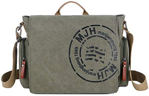 FSD.WG Umh채ngetasche f체r Herren aus Segeltuch, Reise-Schultertasche f체r 34,3 cm (13,5 Zoll) Laptoptaschen, Gr체n (Gr체n), Large