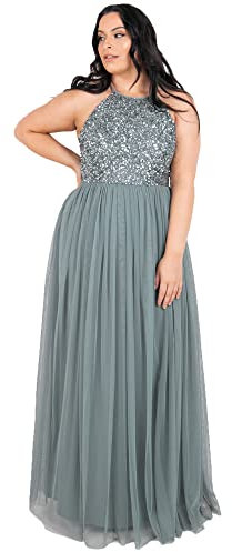 Maya Deluxe Women's Ladies Bridesmaid Maxi Dress Halter Neck Sequin Embellished Prom Graduation Wedding, Misty Green, 18