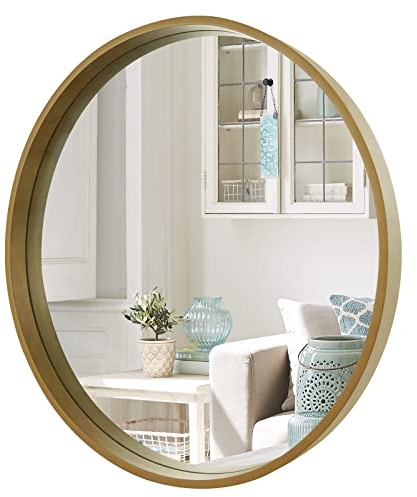 WallBeyond Runder Spiegel mit Holzrahmen, 71,1 cm Kreis, moderne Dekoration, großer Spiegel für Badezimmer, Wohnzimmer, Schlafzimmer, Eingangsbereich (71,1 cm Durchmesser, natürliches Holz)