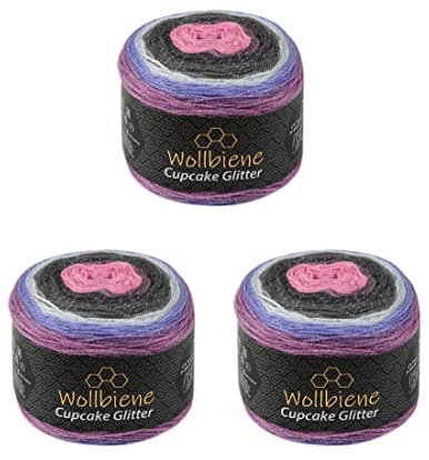 Cupcake Glitter Simli 3 x 150g Strickwolle 450 Gramm Wolle zum Stricken und Häkeln Babywolle türkische Wolle Farbverlaufswolle Glitzer (lila anthrazit flieder 2170)