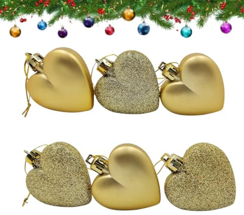 UKDeals Direct® Gold Colour Christmas Tree Decorations Collection- Baubles -Hearts -Droplets -Tree Topper-Tinsel in glitter & matte (6pc Heart Glitter & Matte)