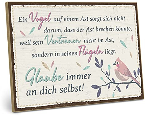 ARTFAVES® Wandbild Holzschild mit Spruch - Ein Vogel auf einem Ast - Türschild Retro Vintage Deko Bild Geschenk - Glücklichsein, Achtsamkeit, Motivation