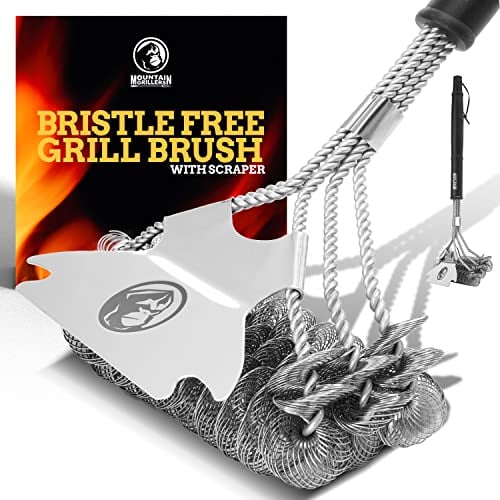 Mountain Grillers - With Bristle Grill Brush with Sharp Scraper - Prevent Flare Ups for That Perfect Checkerboard Steak - Easily Cleans Metal Grills and Porcelain Grates Without Damage