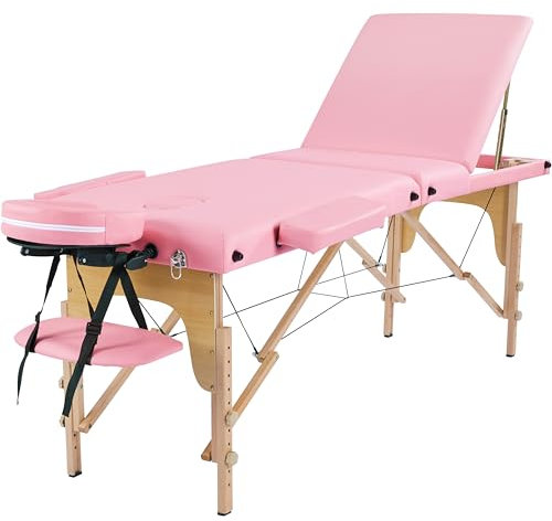 Yaheetech Höhenverstellbare Massageliege, zusammenklappbar, Massageliege, Therapietisch, 3-fach faltbar, 213 cm, Salonbett, Gesichtswiege, Bett Pink