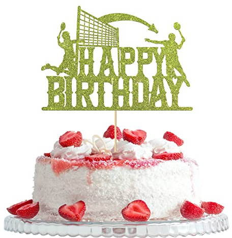 Happy Birthday Cake Topper, Badminton Player Sign Birthday Party Decorations, Sports Style Birthday Anniversary Party Decors, For Athletes Volleyball Lovers, Green