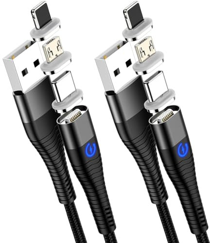 YKZ 2 Pack Magnetic Charger Cable (1M+2M), 7 Pin Data Transfer 3-in-1 Nylon Braided Charger Lead for iPhone/USB C/Micro USB Devices